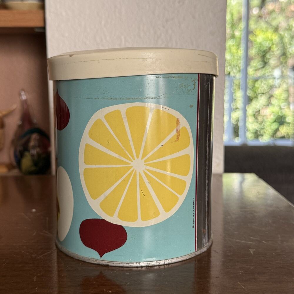 Vintage Metal Yellow Kitchen Canister With Plastic Lid Mid Century Fruit